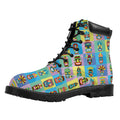 Colorful Tiki Pattern Print Padded Collar Lace Up Boots