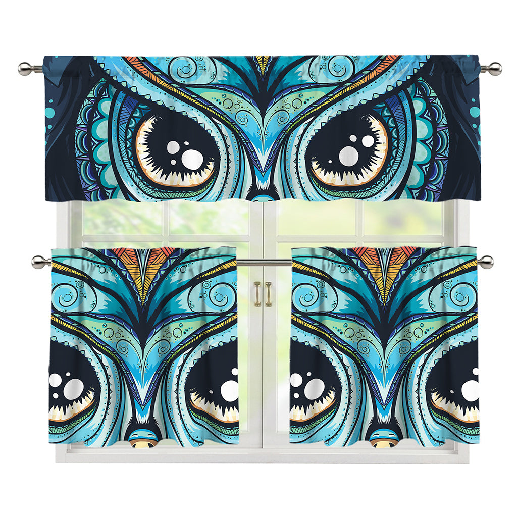 Colorful Tribal Owl Print 3 Piece Kitchen Curtains