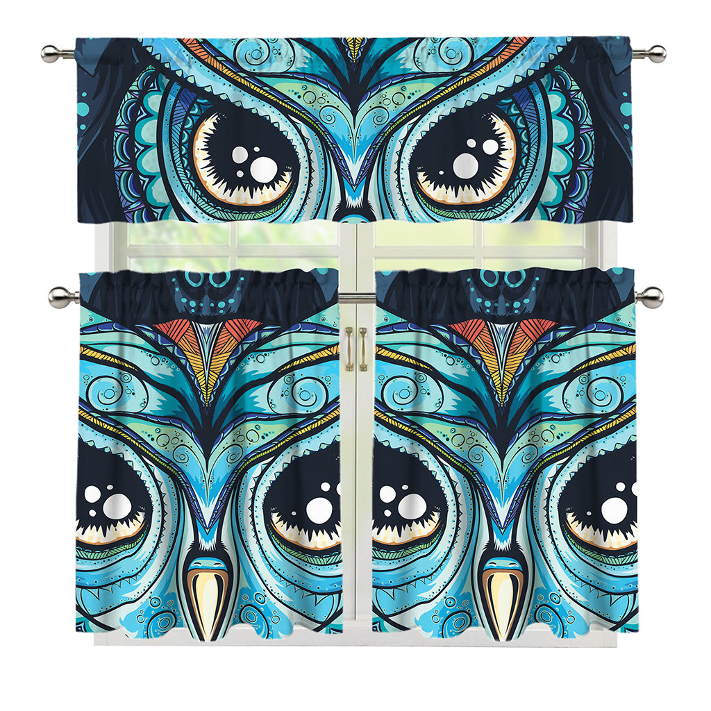Colorful Tribal Owl Print 3 Piece Kitchen Curtains