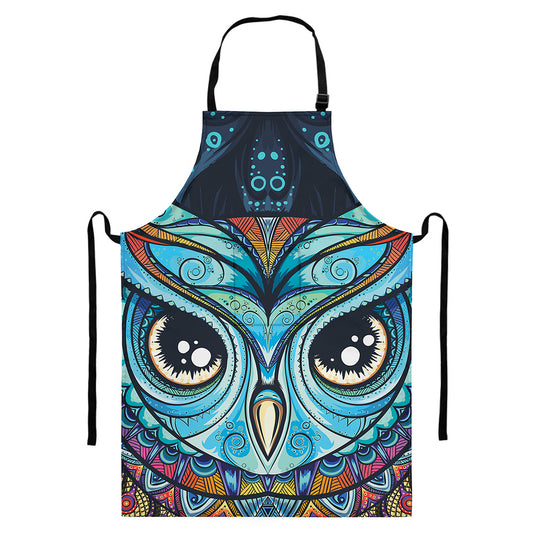 Colorful Tribal Owl Print Bib Apron With Pocket