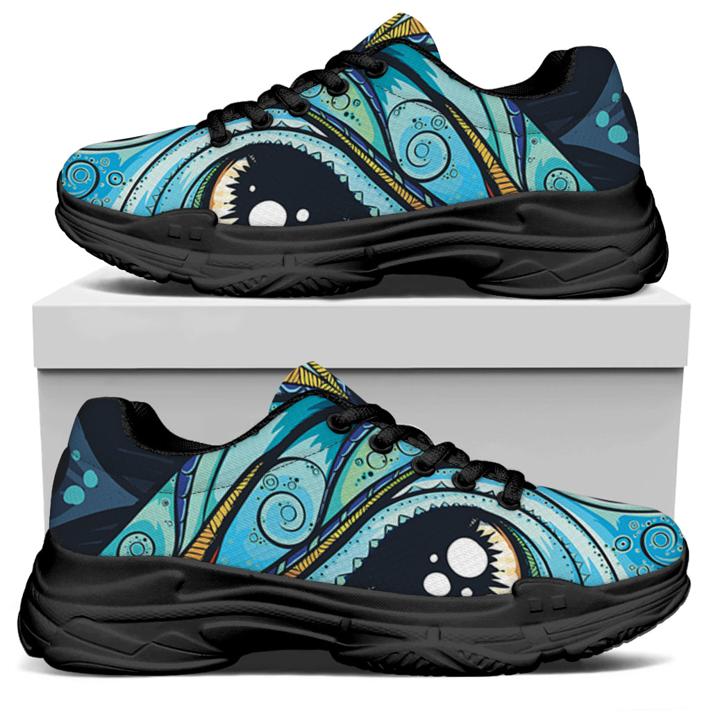 Colorful Tribal Owl Print Black Chunky Shoes