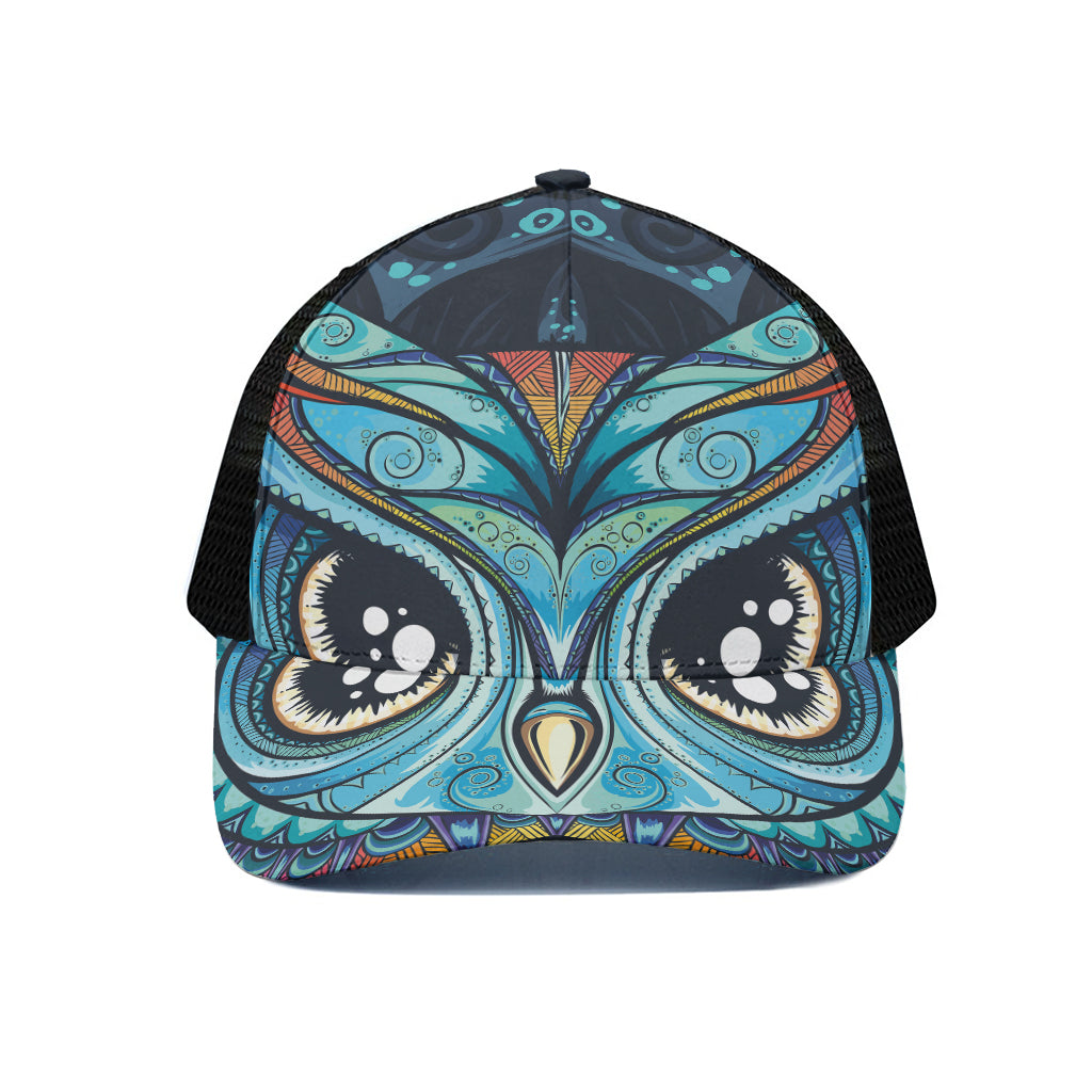 Colorful Tribal Owl Print Black Mesh Trucker Cap