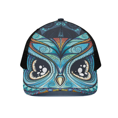 Colorful Tribal Owl Print Black Mesh Trucker Cap
