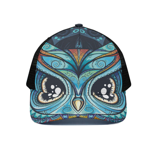 Colorful Tribal Owl Print Black Mesh Trucker Cap