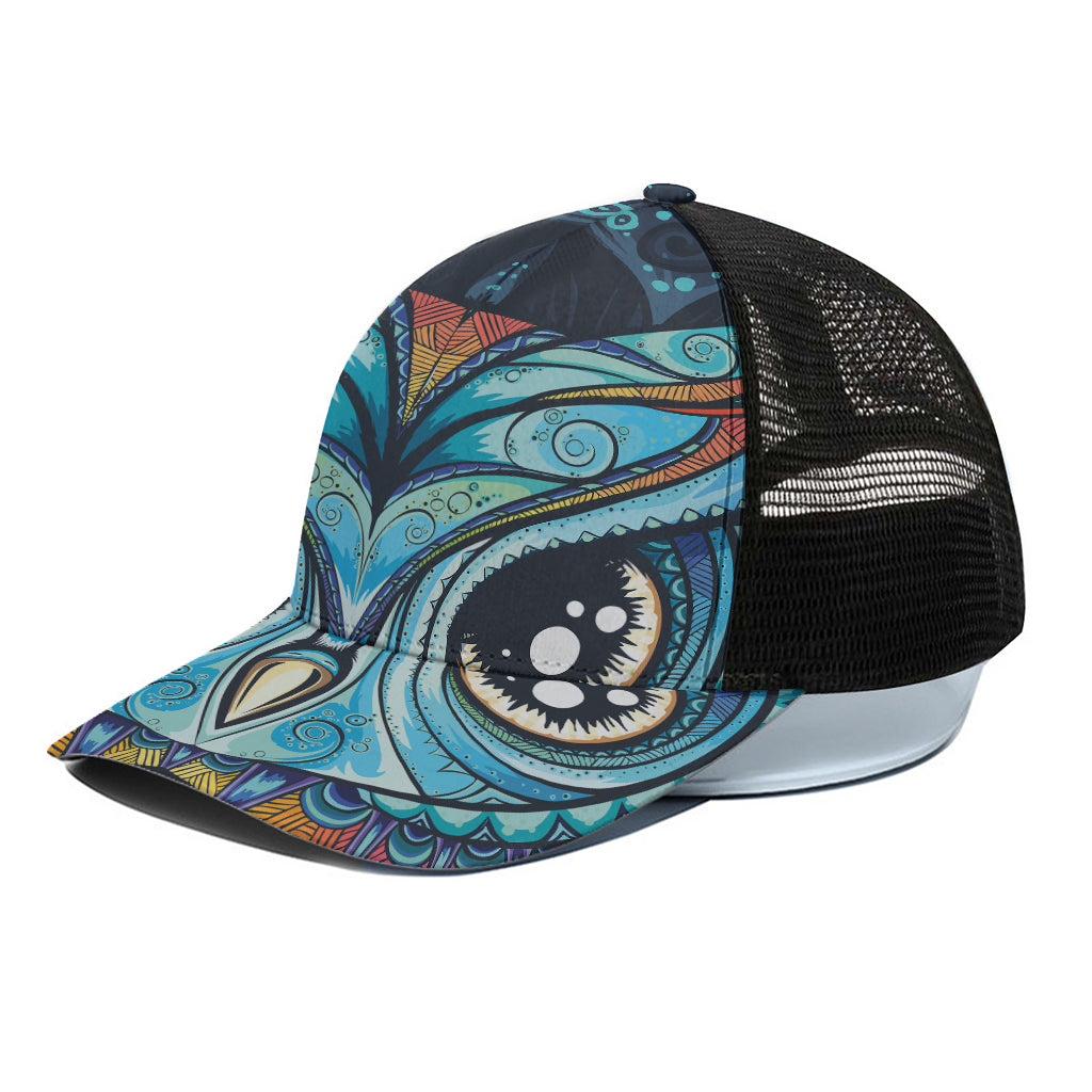 Colorful Tribal Owl Print Black Mesh Trucker Cap