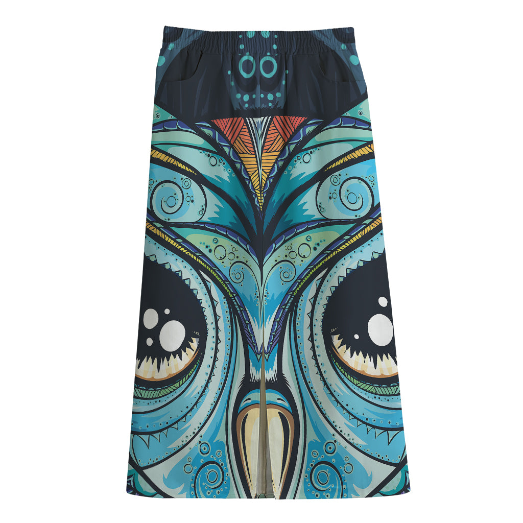 Colorful Tribal Owl Print Cotton Front Slit Maxi Skirt