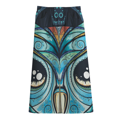 Colorful Tribal Owl Print Cotton Front Slit Maxi Skirt