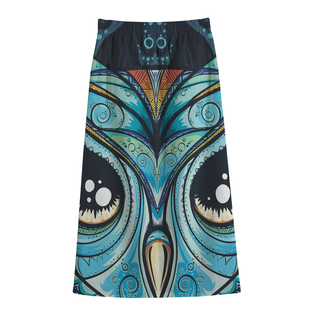 Colorful Tribal Owl Print Cotton Front Slit Maxi Skirt