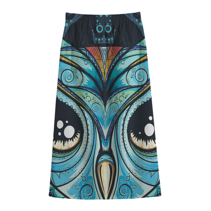 Colorful Tribal Owl Print Cotton Front Slit Maxi Skirt