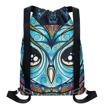 Colorful Tribal Owl Print Drawstring Backpack