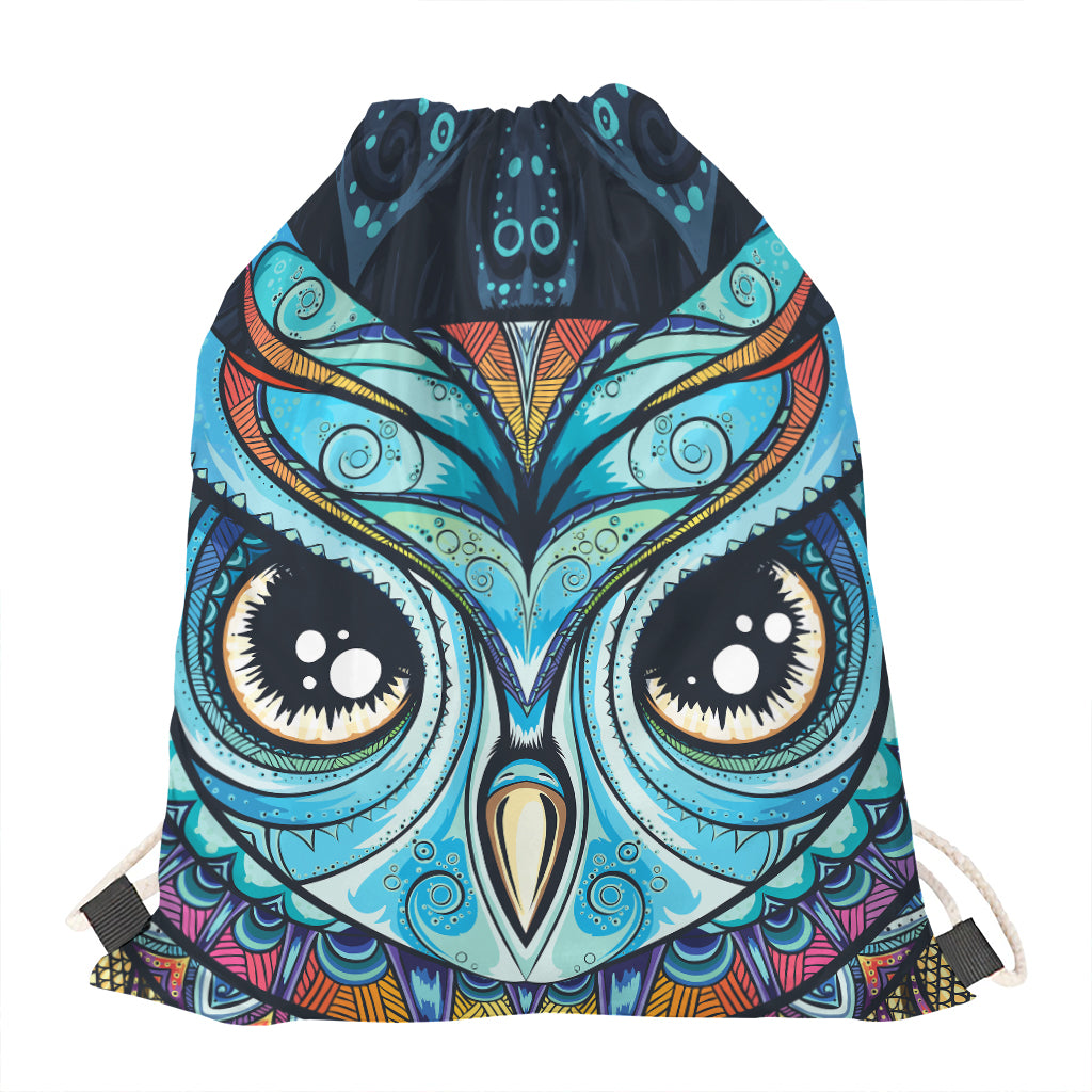 Colorful Tribal Owl Print Drawstring Bag