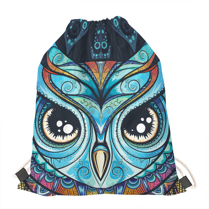 Colorful Tribal Owl Print Drawstring Bag