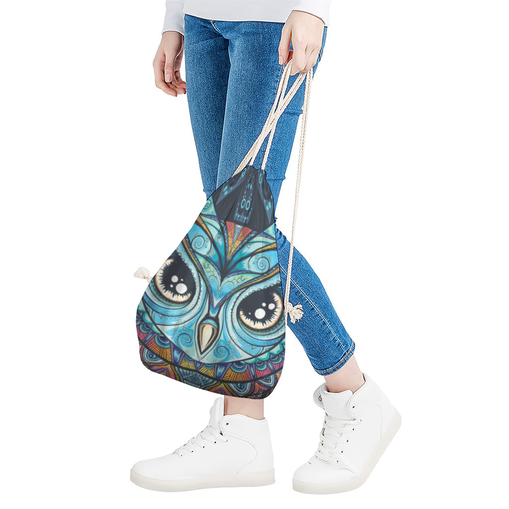 Colorful Tribal Owl Print Drawstring Bag