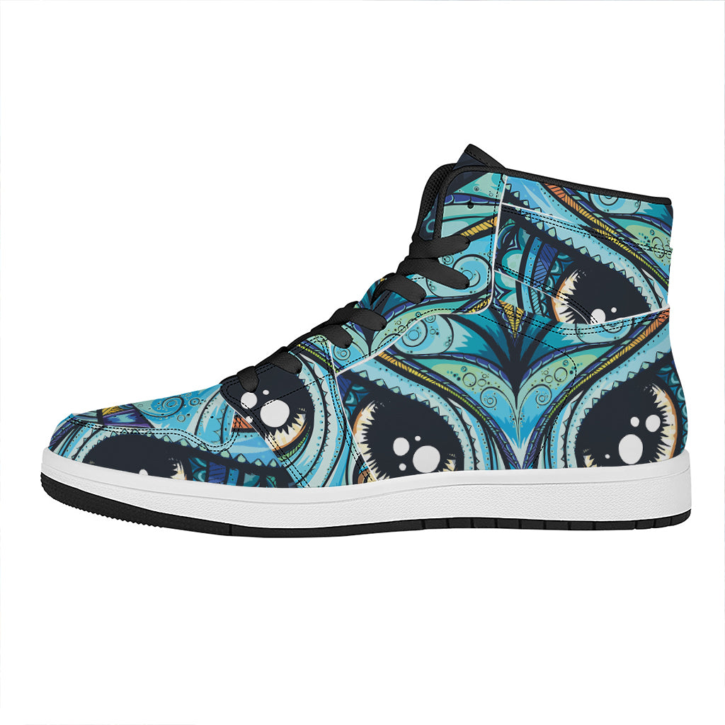 Colorful Tribal Owl Print High Top Leather Sneakers