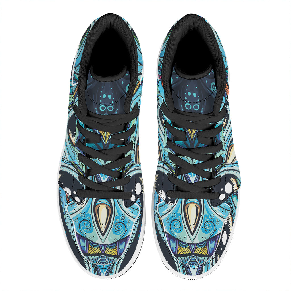 Colorful Tribal Owl Print High Top Leather Sneakers