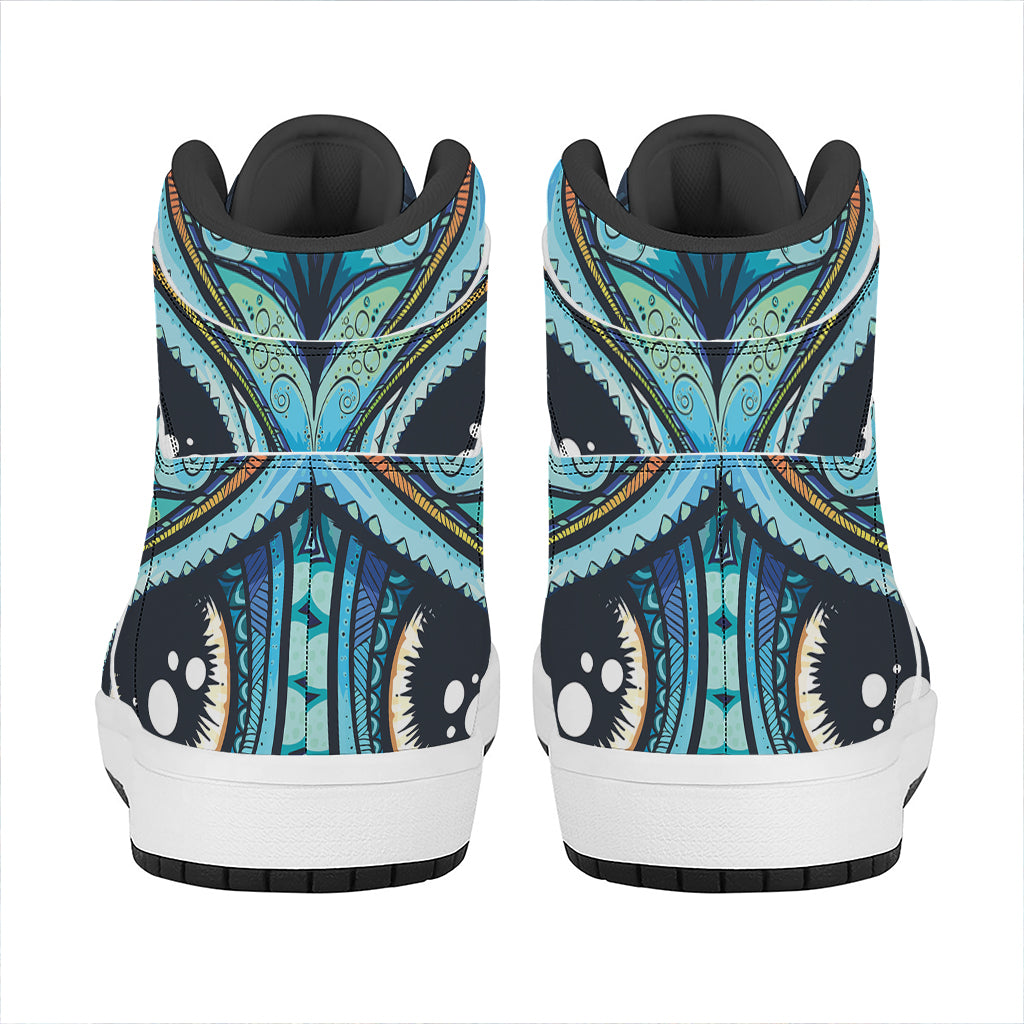 Colorful Tribal Owl Print High Top Leather Sneakers