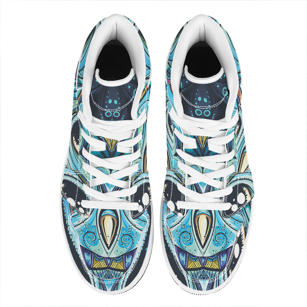 Colorful Tribal Owl Print High Top Leather Sneakers