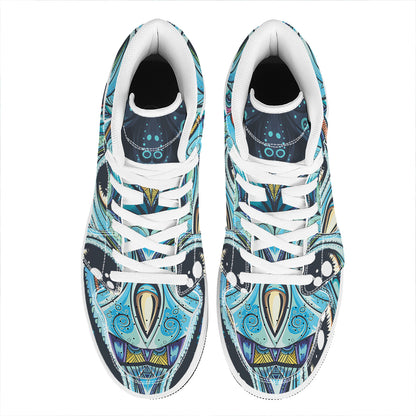 Colorful Tribal Owl Print High Top Leather Sneakers