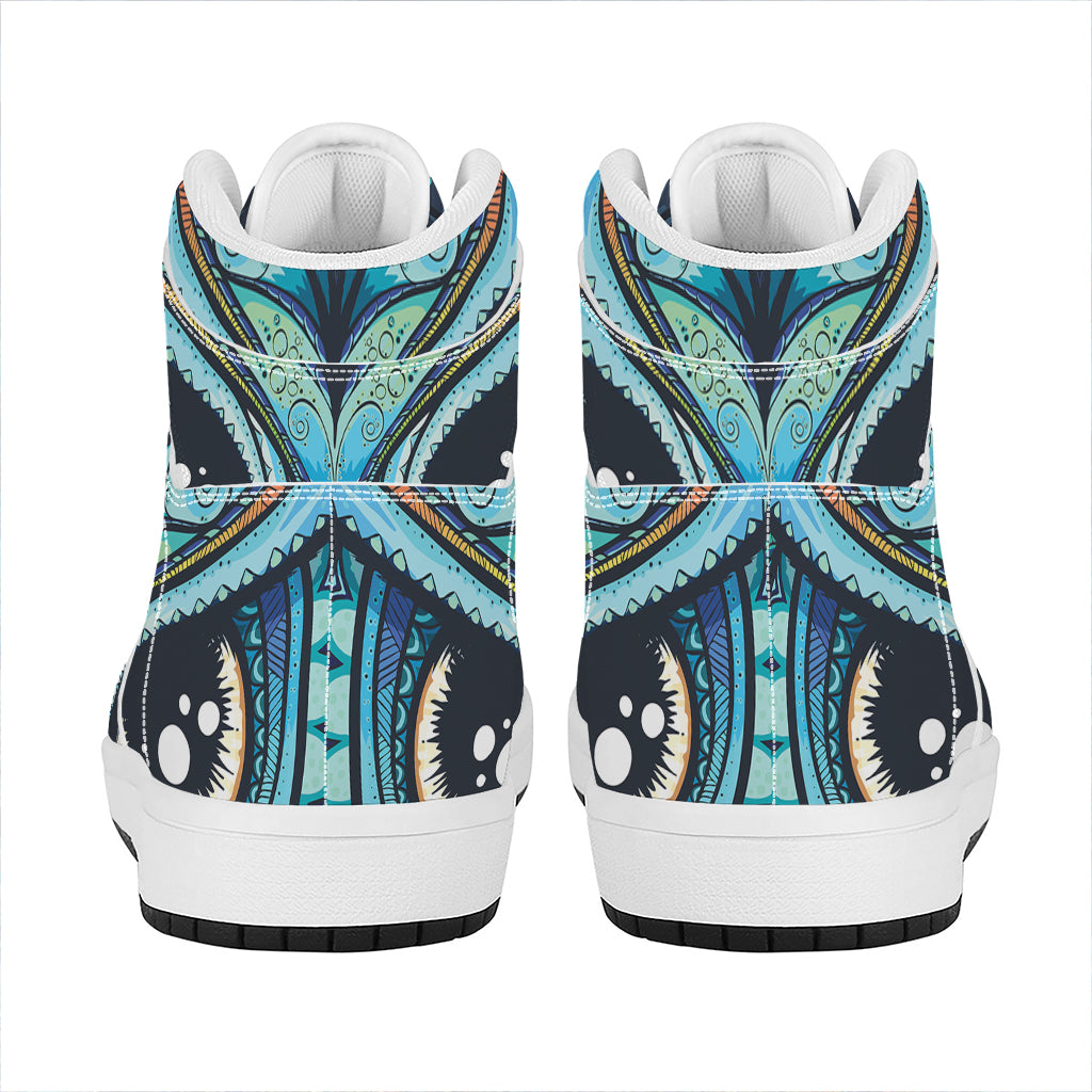 Colorful Tribal Owl Print High Top Leather Sneakers