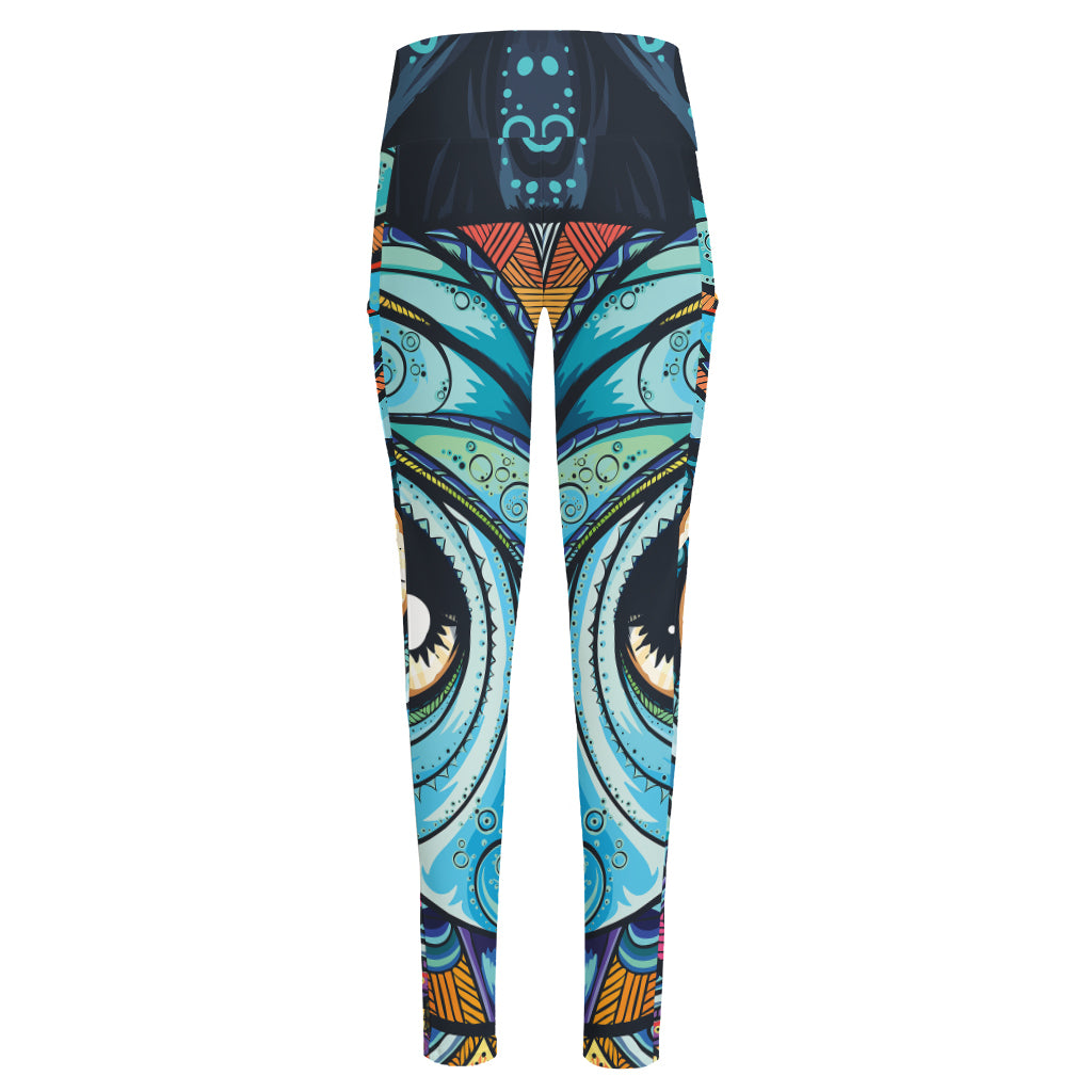 Colorful Tribal Owl Print High-Waisted Pocket Leggings