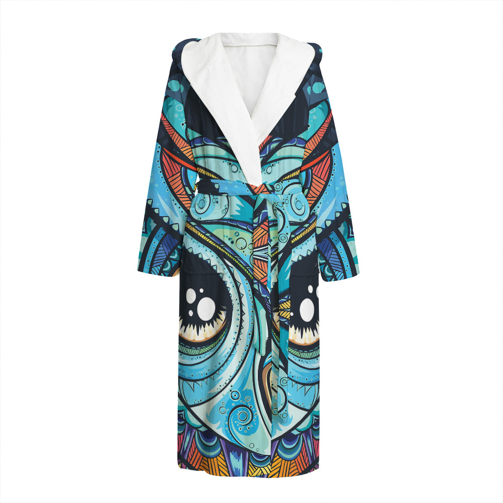 Colorful Tribal Owl Print Hooded Bathrobe