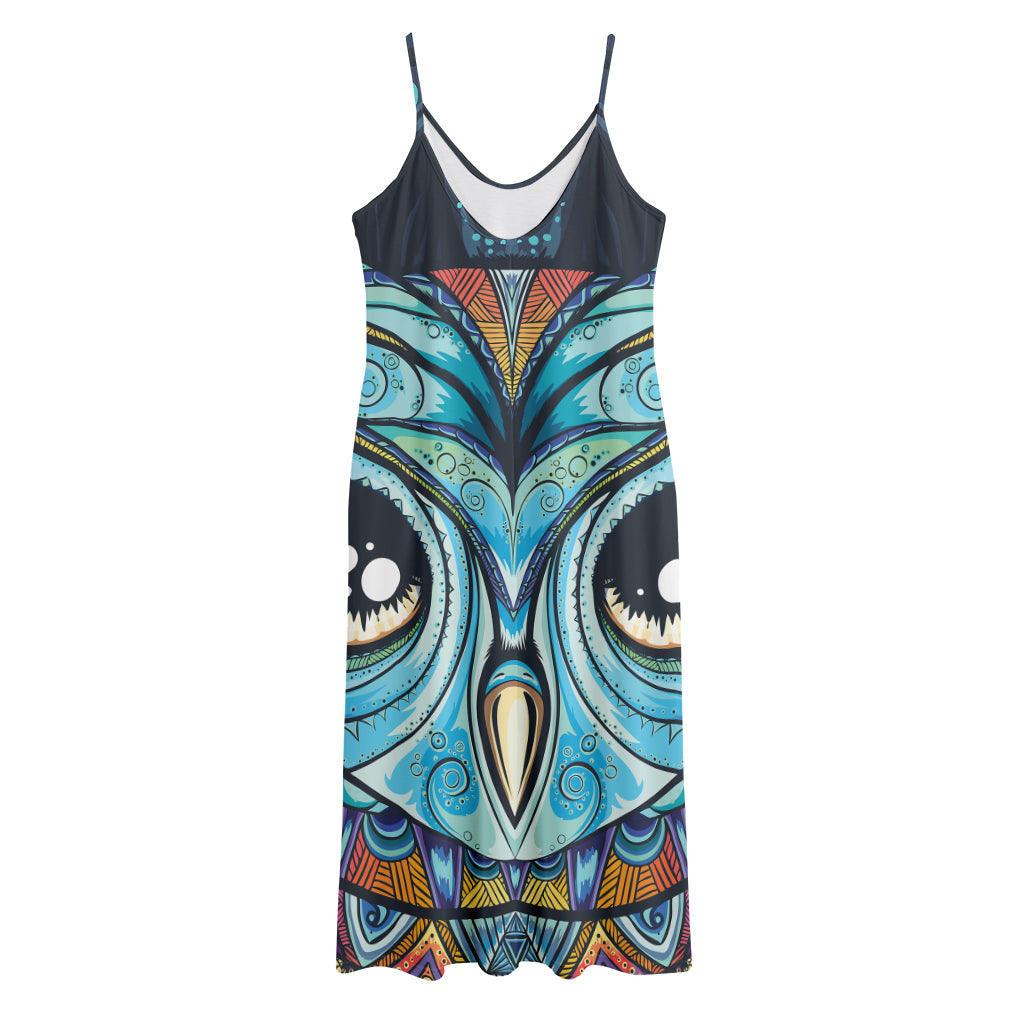 Colorful Tribal Owl Print Jersey Midi Cami Dress