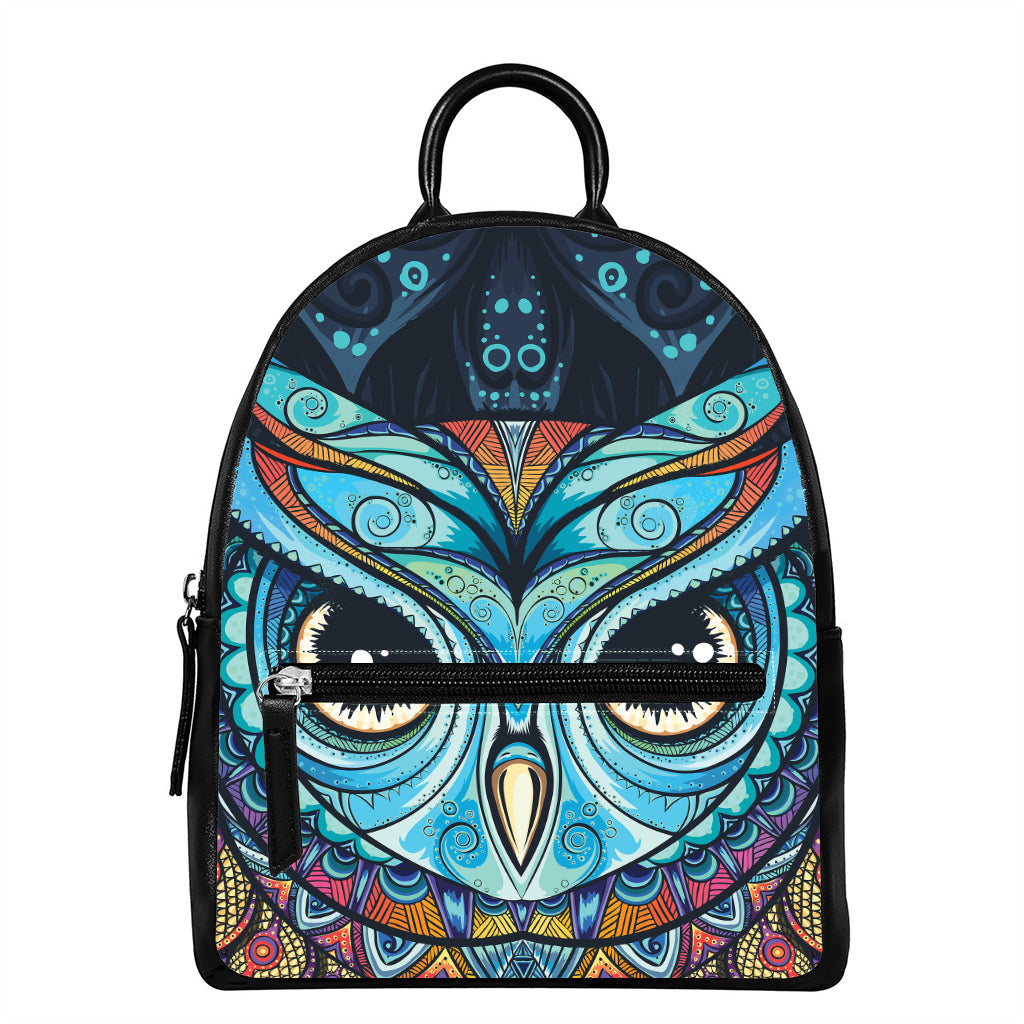 Colorful Tribal Owl Print Leather Backpack