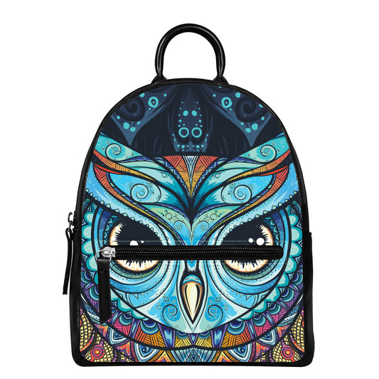 Colorful Tribal Owl Print Leather Backpack