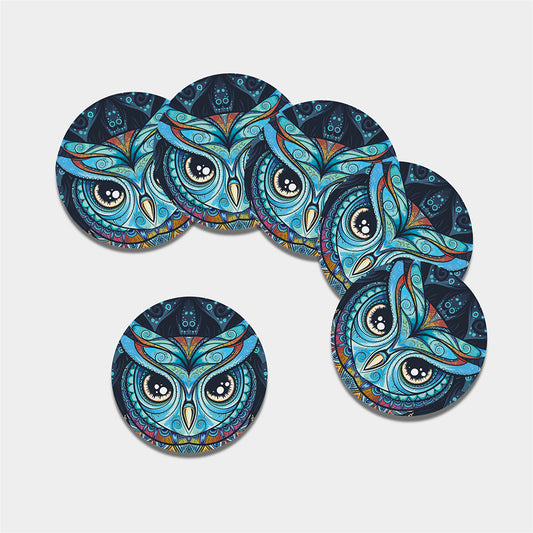 Colorful Tribal Owl Print Leather Coaster Set