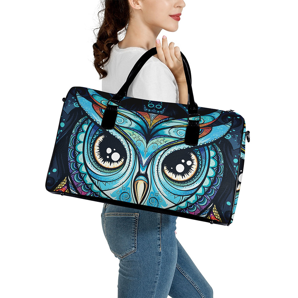 Colorful Tribal Owl Print Leather Duffle Bag