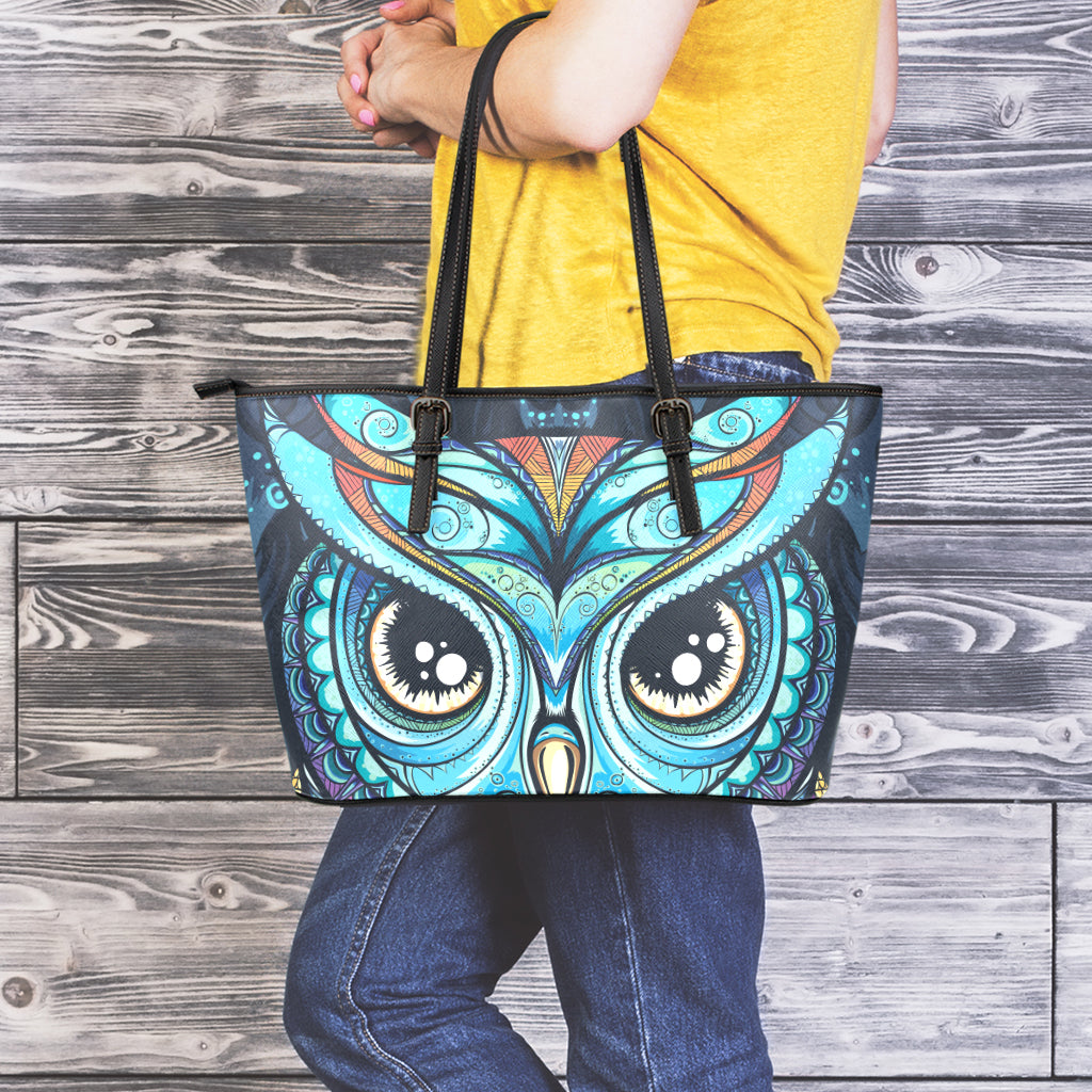Colorful Tribal Owl Print Leather Tote Bag
