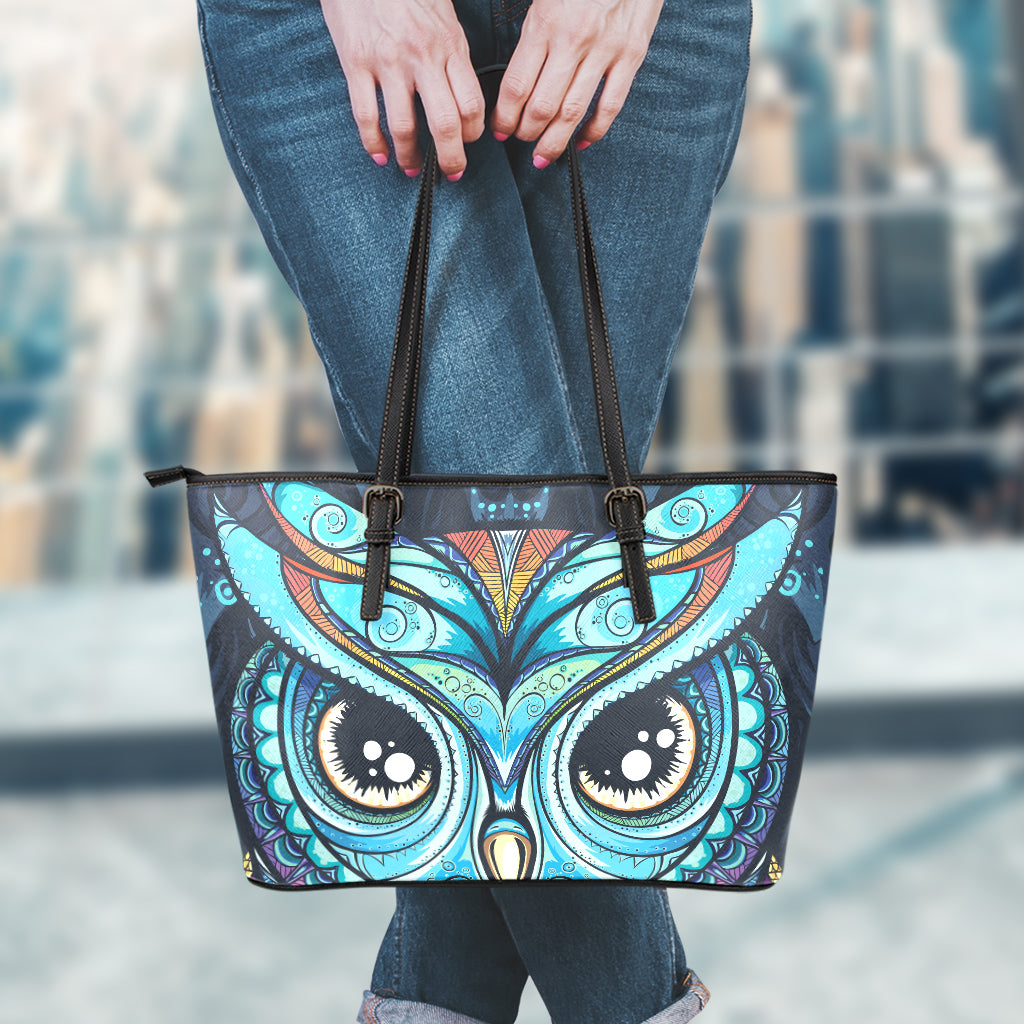 Colorful Tribal Owl Print Leather Tote Bag