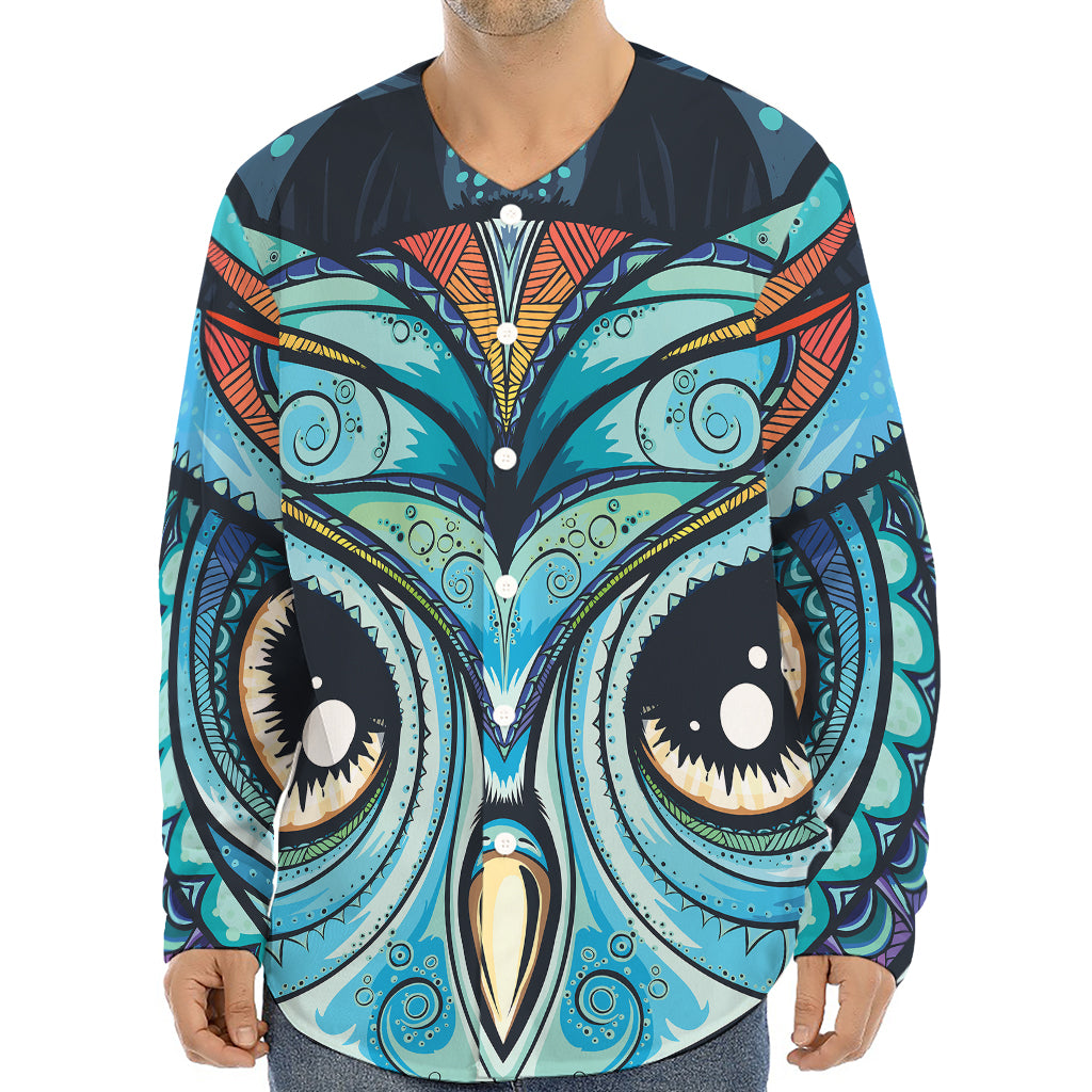 Colorful Tribal Owl Print Long Sleeve Baseball Jersey