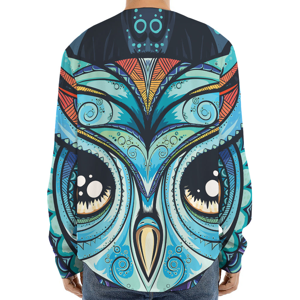 Colorful Tribal Owl Print Long Sleeve Baseball Jersey