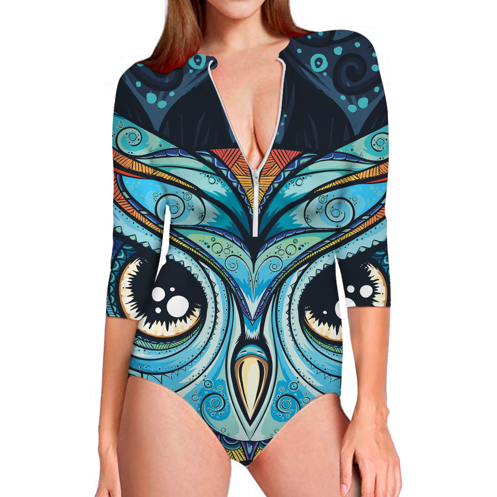 Colorful Tribal Owl Print Long Sleeve Swimsuit