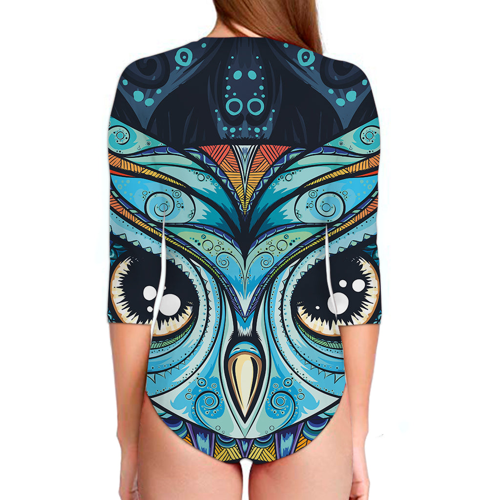 Colorful Tribal Owl Print Long Sleeve Swimsuit