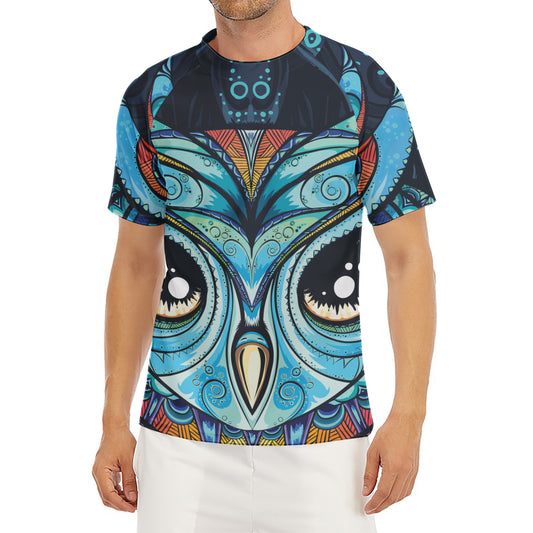 Colorful Tribal Owl Print Men's Short Sleeve Rash Guard