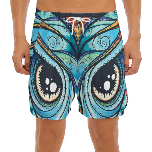 Colorful Tribal Owl Print Men's Split Running Shorts