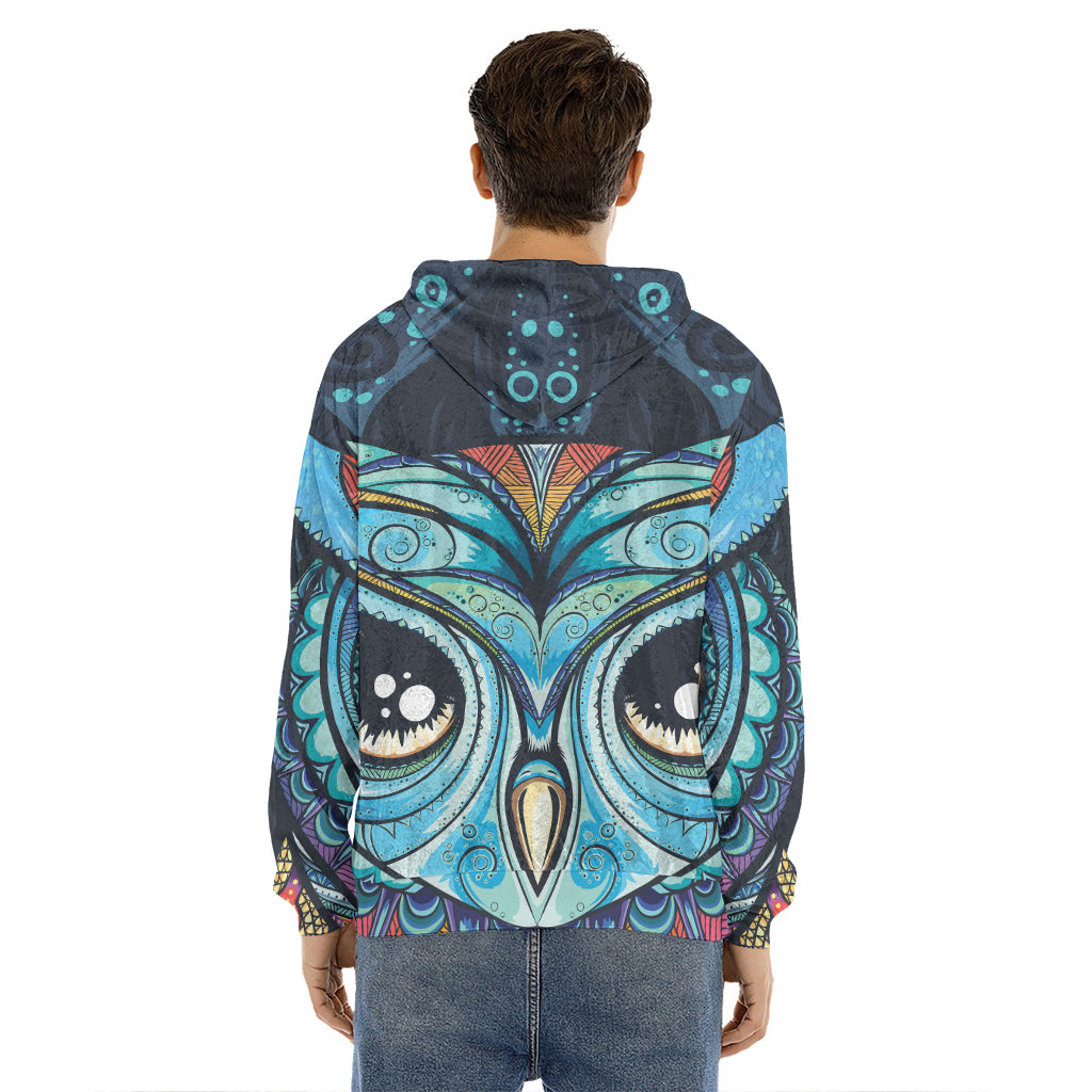 Colorful Tribal Owl Print Men's Velvet Pullover Hoodie