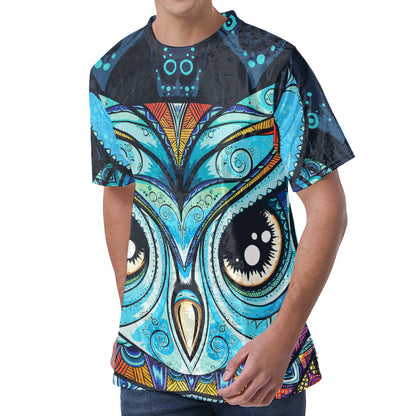 Colorful Tribal Owl Print Men's Velvet T-Shirt