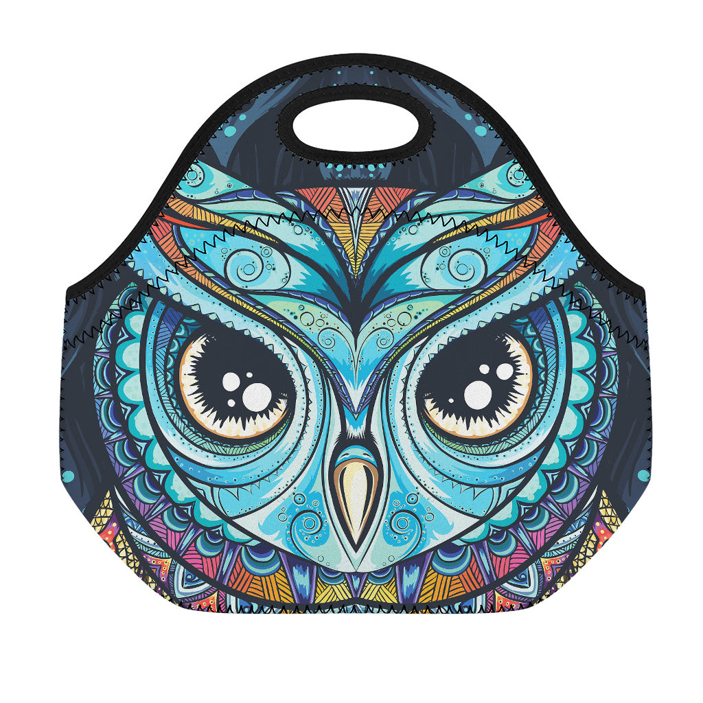 Colorful Tribal Owl Print Neoprene Lunch Bag