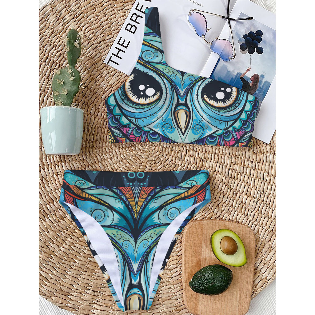 Colorful Tribal Owl Print One Shoulder Bikini Top