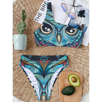 Colorful Tribal Owl Print One Shoulder Bikini Top