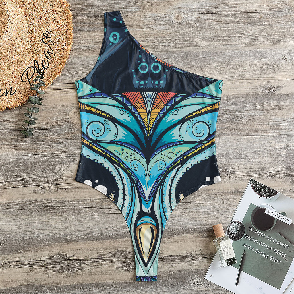 Colorful Tribal Owl Print One Shoulder Bodysuit