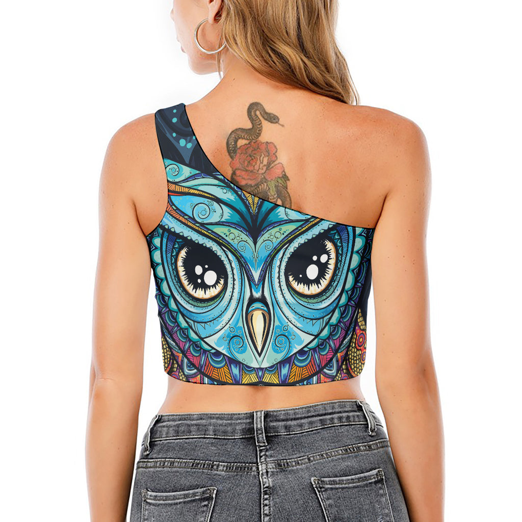 Colorful Tribal Owl Print One Shoulder Crop Top