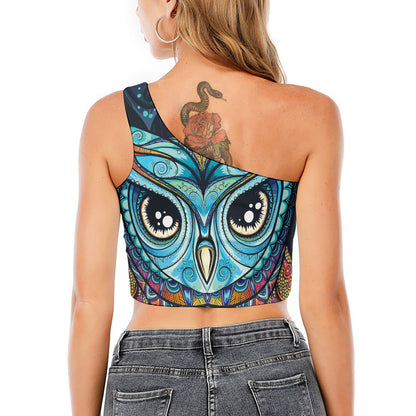 Colorful Tribal Owl Print One Shoulder Crop Top