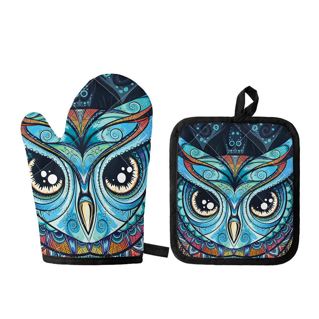Colorful Tribal Owl Print Oven Mitt And Pot Holder Set