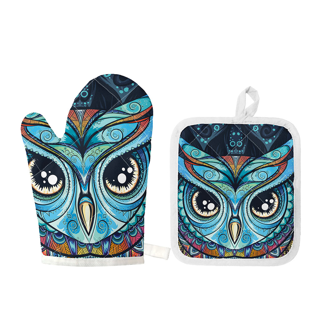 Colorful Tribal Owl Print Oven Mitt And Pot Holder Set