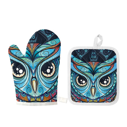 Colorful Tribal Owl Print Oven Mitt And Pot Holder Set