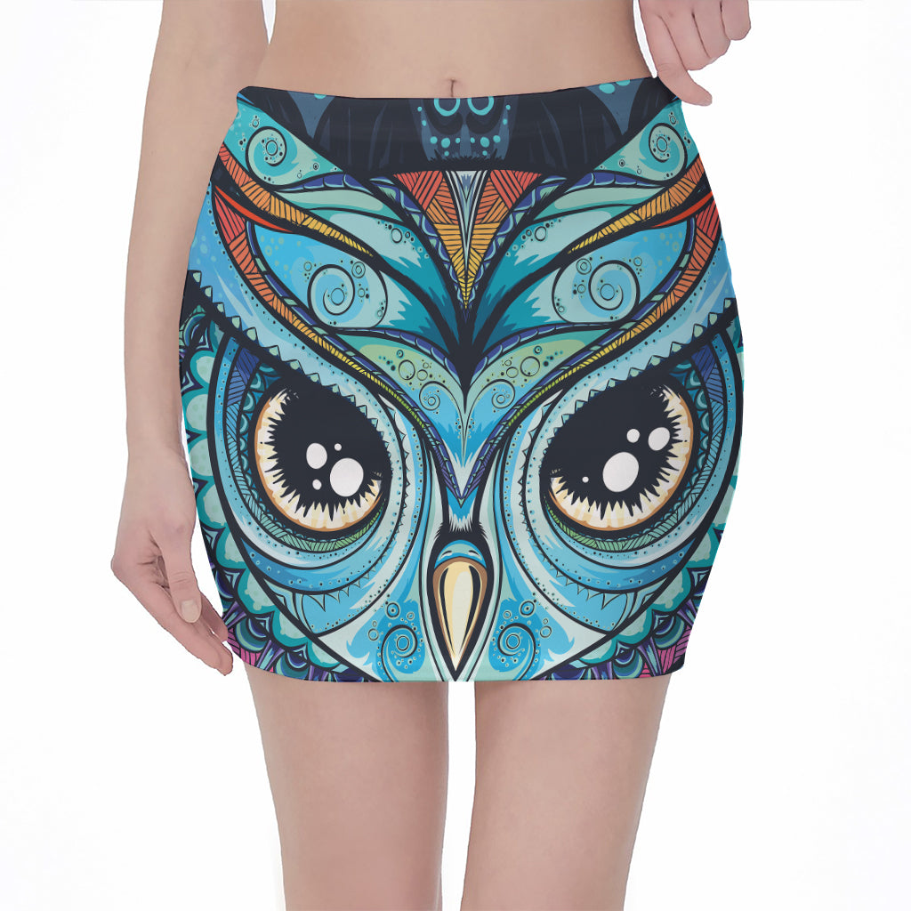 Colorful Tribal Owl Print Pencil Mini Skirt